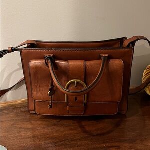Fossil Brown Leather Bag with Gray Interior and matching wallet